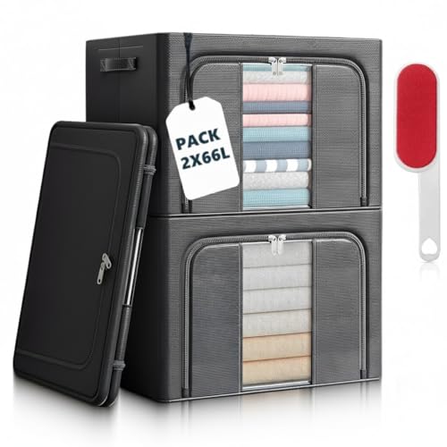 RICHXEL 2 Cajas Almacenaje Ropa 66L Armario Marco Metálico · Rígidas Apilables Tela con Tapa y Cremallera   Organizador Sábanas Mantas con Quitapelusas de Regalo