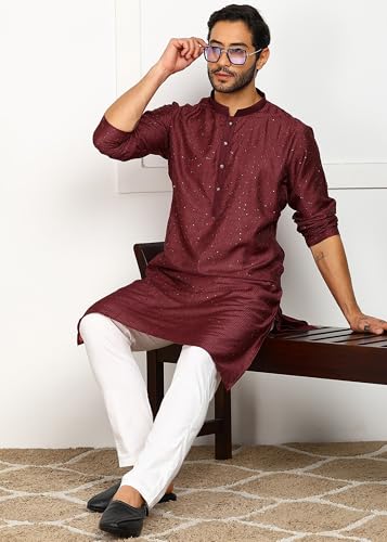 Image of Amazon Brand - Tavasya Men Maroon Self-Design Sequinned