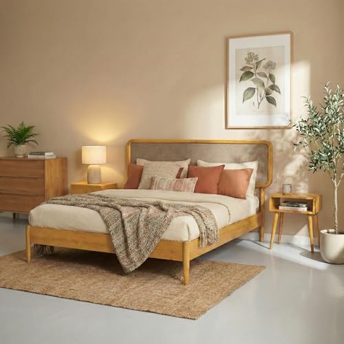 Image of NTC Lupin Wooden Bed Frame with Headboard, Solid Oak and Rubber Wood Foundation with Silent Slats and Wood Central Supports, 1000 Lb Capacity (Rustic Oak, Queen)