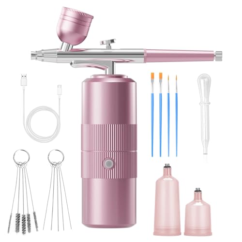 Airbrush Kit with Compressor Portable Airbrush Kit 48PSI High-Pressure Non-Clogging Air Brush Set Cordless Rechargeable with 0.3mm Nozzle and Cleaning Brush for Painting,Nail Art, Makeup (Pink)