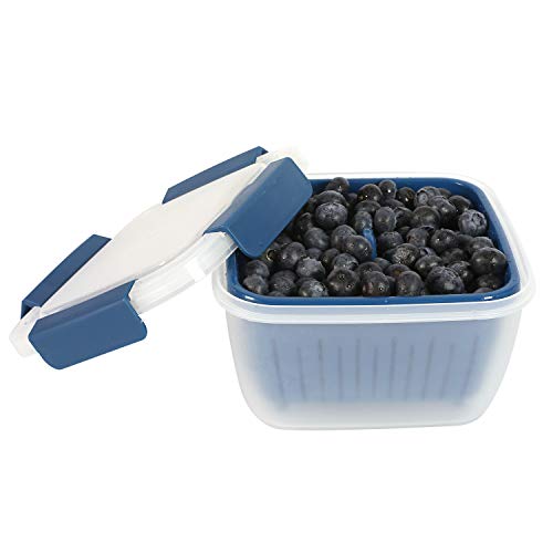 Greentainer Frischhaltedosen Schale mit Abtropfsieb,1.5 L Produce-Keeper,(17 * 17 * 10cm) Dose mit Abtropfsieb /50 oz | Transparent, Obst Box | 1 Stück Frischhaltebox,Blau Cover