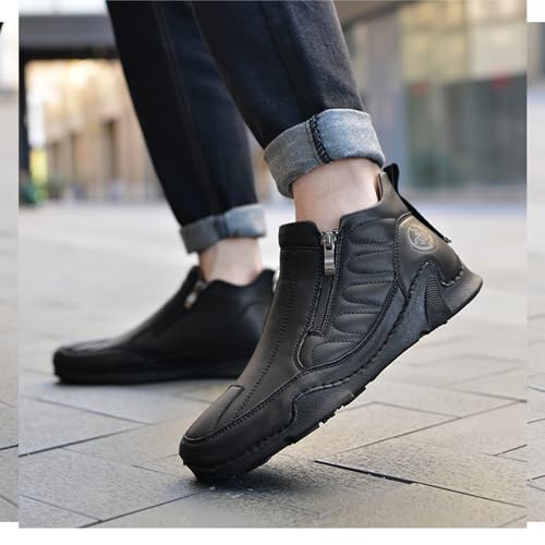 Image of Men's Leather Comfortable Slip on Chukka Ankle Boots Outdoor Lightweight Non-slip Side Zipper Flat Driving Shoes for Walking Hiking