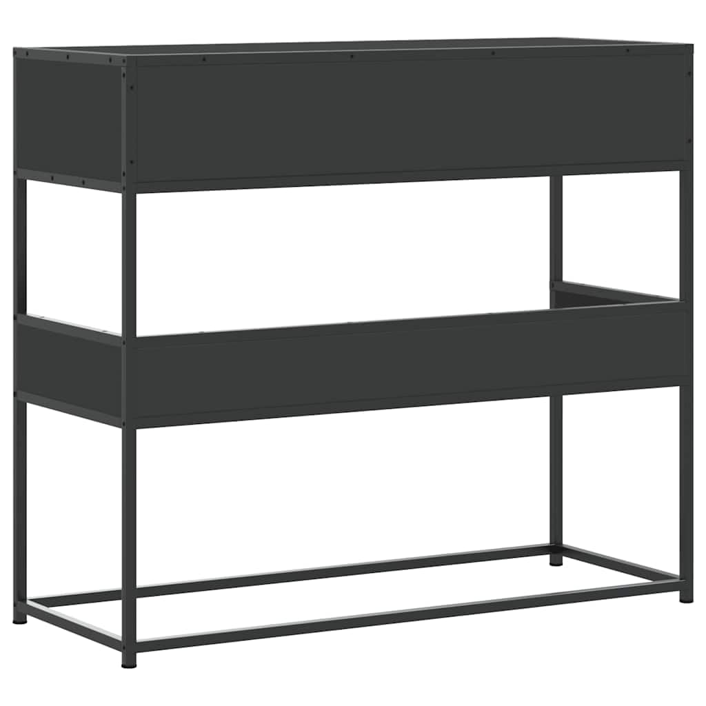 Stolik konsolowy, czarny, materiał drewnopochodny, 90 x 35 x 80 cm, z metalowym stelażem, schowkiem, szufladą i półką, stolik pomocniczy do salonu, sypialni, korytarza, stabilny i łatwy w