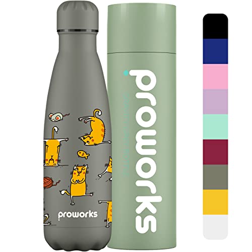 Proworks Botellas De Agua Deportiva De Acero Inoxidable | Cantimplora Termo con Doble Aislamiento para 12 Horas De Bebida Caliente Y 24 Horas Bebida Fría 500ml - Gris Gravedad - Gato Yoga