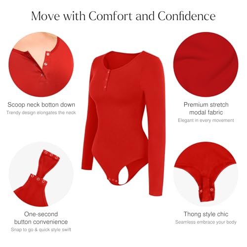 Image of Popilush Long Sleeve Shapewear Bodysuit Tummy Control Henley Button Up Modal Scoop Neck Body Suit Tank Tops
