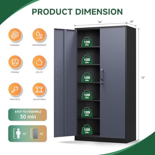 Image of Letaya Metal Storage Cabinet with Lock Door and 5 Shelves,6 Tier Steel Garage Tool Cabinet for Home Office Utility Room 72 inch H X 36 inch W X18 D (Black Gray)