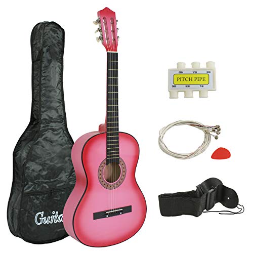 Smartxchoices 38" Kids Pink Acoustic Guitar Bundle Kit for Starter Beginner Music Lovers, Six-String Folk Guitar with Gig Bag, Extra Set Steel Strings, Strap, Pitch Pipe and Pick