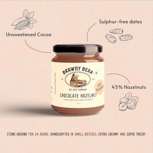 Image of Brawny Bear Peanut Butter, Chocolate Hazelnut Spread & Almond Butter Combo, 100% Natural Sweetened with Dates, Vegan, Smooth Healthy Nut Butter, No Added Sugar & Preservative Pack of 3-200 gm each