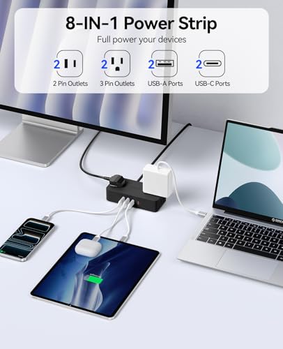 5' Orico 8-in-1 Power Strip w/ 4 AC Outlets, 2 USB-C & 2 USB-A (Blk, Wht, Purple or Blue) - image 2