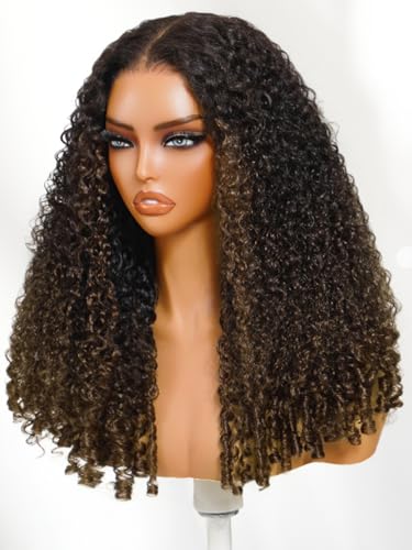 Image of Sunber Black to Chestnut Brown Ombre Curly Human Hair Glueless Wig With With Finger Coily Ends Bye Bye Knots Pre Cut 7X5 Lace Front Drawstring Wig Burmese Curly Wigs Pre Plunked Invisible Knots 24Inch