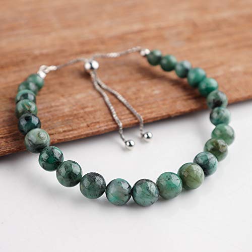 Natural Emerald Gemstone Beads Bolo Bracelet, 925 Sterling Silver, Rhodium Plated, May Birthstone, Chakra Healing Crystals, Adjustable Slider, Women Jewelry, Christmas Gift, Size 10 Inch #TOP3