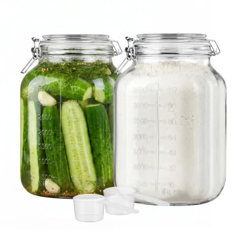 Image of Vtopmart 1.1 Gallon Glass Storage Jars with Airtight Clamp Lids, 2 Pack | 140oz Square Canisters with Wide Mouth, Measurement Marks, Large Food Container for Flour, Sugar, Rice, Pickling, Fermenting