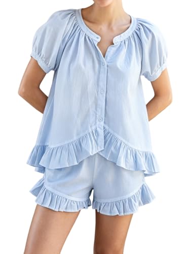 Image of Womens Ruffle Pajama Set Short Sleeve Button Down Top and Shorts | Cotton Ruffle Pajamas Set, Ruffle Shorts Set Women, 2 Piece Shorts Set for Women