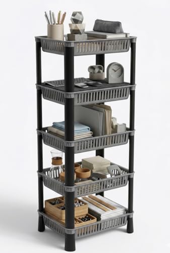 Image of U-Max Multi Tire Kitchen Storage Rack, Plastic Utility Shelf Organiser, Space Saving Storage Solution, Revolving Vegetable Rack (Silver-Regular, 5)