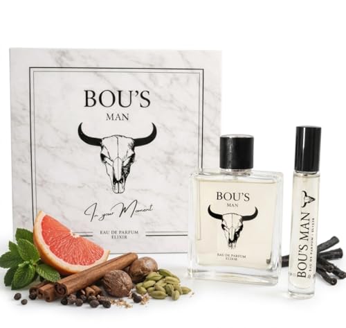 BOU'S Man Elixir Eau de Parfum Set 100ml + 10ml – Perfume Masculino Intenso y Duradero – Fragancia Hombre de Autor con Lavanda Mediterránea, Vetiver y Sandalo – Aroma Elegante Amaderado y Especiado