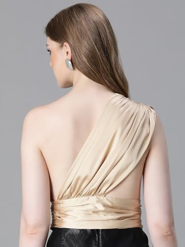 Image of oxolloxo Women Solid Elasticated One-Off Shoulder Satin Crop Top