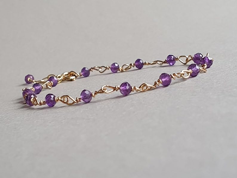 LKBEADS Amethyst bracelet, rondelle 4mm faceted 6inch Sterling Silver Stacking Beaded Bracelet, Simple Layering, Dainty Gemstone Bracelet, Fine Jewelry, Minimalist,