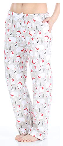 PajamaMania Women's Cotton Flannel Pajama PJ Pants with Pockets, Polar Bear with Scarf, MED