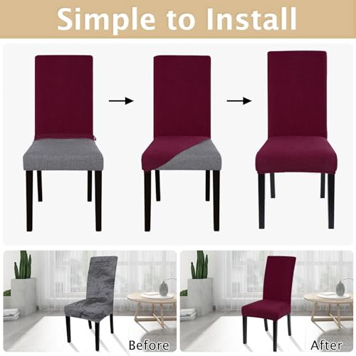 Image of SearchI Chair Covers for Dining Room Set of 6, Stretch Jacquard Kitchen Parsons Chair Covers,Washable Spandex Dining Chair Slipcovers Seat Protector for Hotel,Banquet,Ceremony(Wine Red)