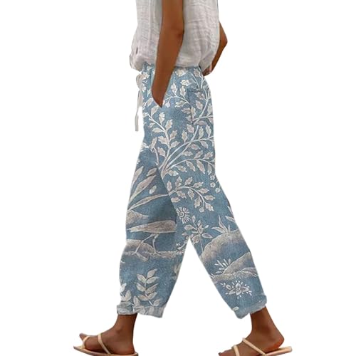 Pantalones Mujer Verano Algodón Lino 7/8 Pantalones 2025 Casual Color Sólido Fluido Pantalones con Bolsillos de Lino para Ocio Ligero Longitud Pants, Rosa dorado., XL