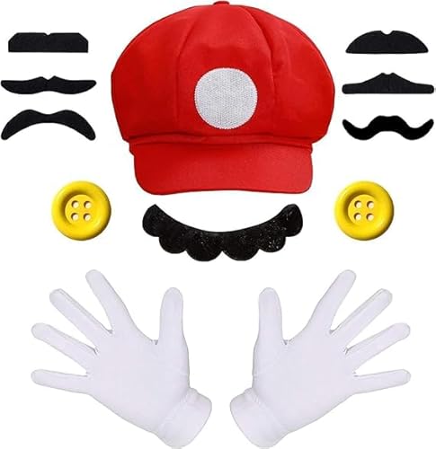 MUYAPAY Disfraz Accesorios Cosplay Gorra Barba Guantes Set Adulto Disfraz Gracioso Hombre Brothers Accesorios Disfraces para Halloween Carnaval Navidad Fiesta Temática de Hombre (Rojo)