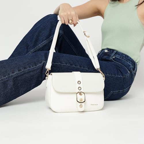 Image of BuckleUp White Sling | Faux-Leather Women's bag | Sling with Croco-Textured Flap & Buckle Closure