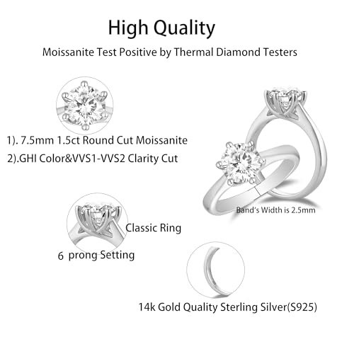 DovEggs Moissanite Solitaire Engagement Rings for Women 1.5ct 7.5mm G-H-I Color Heart Arrows Cut Moissanite Engagement Women`s Wedding Ring 14K Gold QUALITY Sterling Silver(1.5carat,4.5)3
