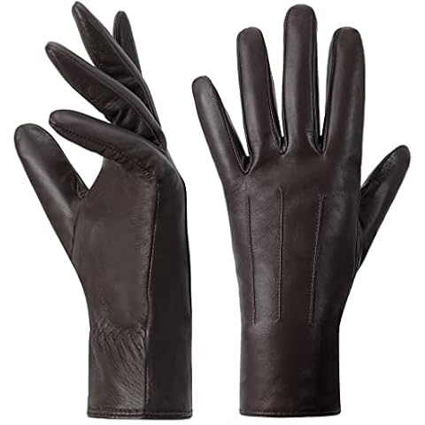 Harssidanzar Leather Gloves Women,Winter Warm Cashmere Lining Touchscreen Ladies Glove GL017UK,Brown,Size M Cover