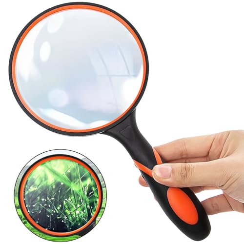 Large Magnifying Glass 10X, Strong Shatterproof Magnifying Glasses for Reading with Non-Slip Soft Rubber Handle Gift for Seniors Kids Boys Girls Children, Visually Impaired, Close work, Observation