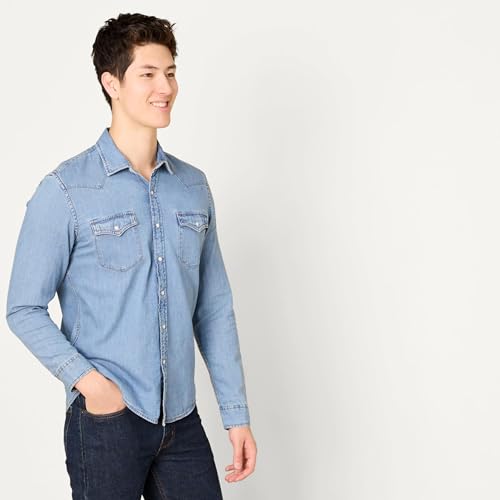 Image of Amazon Essentials Men's Slim-Fit Long-Sleeve Denim Western Style Cotton Shirt with Snap Buttons, Lightweight