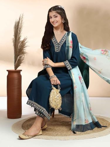 Image of Girls A-line Silk Embroidered Kurta and Pant Set with Dupatta for festive wedding and casual wear