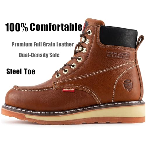 SUREWAY Mens Heavy Duty Soft/Composite/Steel Toe Work Boots for Men-Comfortable,Goodyear Welt,Full Grain Leather,6 in Wedge Moc Toe Construction Boots/Shoes,Waterproof Steel Toe Light Brown,Size 142