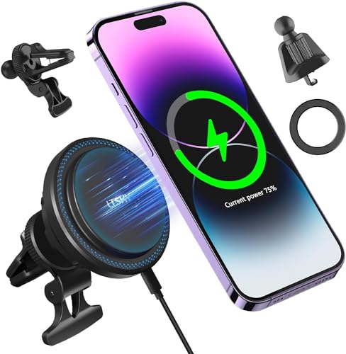 Soporte magnético para teléfono móvil de 15W con función de Carga, 【enfriamiento automático】 Cargador magnético para automóvil para iPhone 15 14 13 12 Pro MAX Mini Plus/Samsung S23