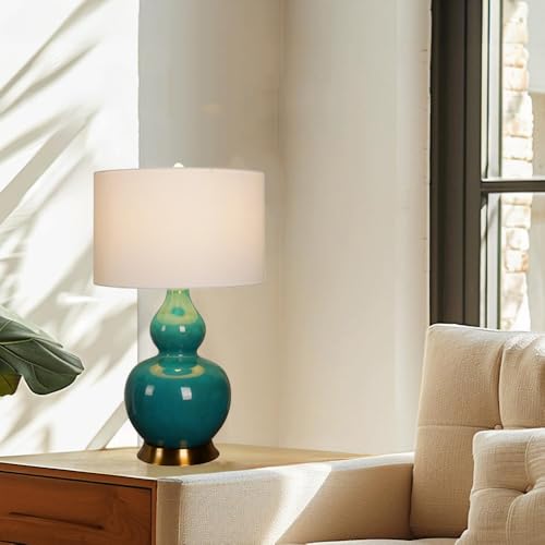 SQUSMAY Jingdezhen Porcelain Table Lamps for Living Room, Coastal Ceramic Table Lamps for Nightstand, Farmhouse Desk Lamps for Bedroom,Drum Shaped Fabric Lampshade Table Lamps - Image 3
