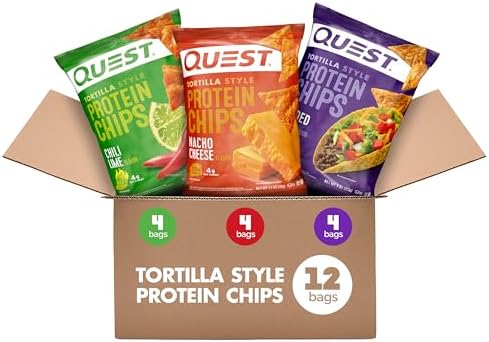 Quest Nutrition Tortilla Style Protein Chips Variety Pack, Chili Lime, Nacho Cheese, Loaded Taco, Low Carb, High Protein, Gluten Free, 1.1 oz (Pack of 12) Quest Nutrition Tortilla Style Protein Chips Variety Pack, Chili Lime, Nacho Cheese, Loaded Taco, Low Carb, High Protein, Gluten Free, 1.1 oz (Pack of 12)