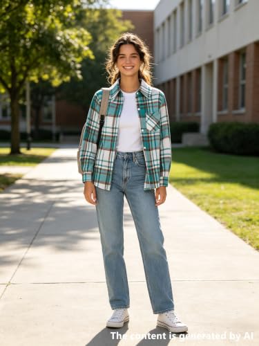 Image of SANGTREE Women and Girls Long Sleeve Flannel Casual Button Down Plaid Shirt