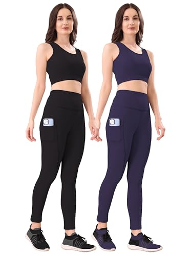 POOJARAN SAREE Women's 2-Piece Workout Set, High-Waist Leggings with Phone Side Pocket, Gym wear Track Suit, Sports Bra, Co-ord Set, Sports Running Suits, Yoga Wear Set, Pack of 2