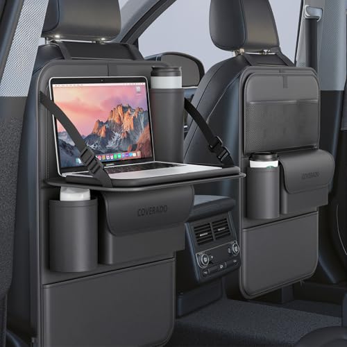 Image of Coverado Car Backseat Organizer(2 Packs) with Tablet Tray, Nappa Leather Organizer for Car Seat Back, Waterproof Car Seat Organizer with Touch Screen, Seat Protector Kick Mats for Kids
