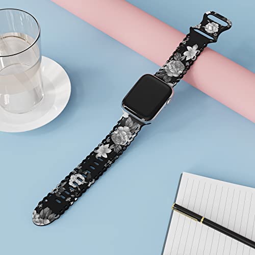 Image of Compatible with Apple Watch Band 41mm 40mm 38mm 49mm 45mm 44mm 42mm Women Girl, Rose Lily Print Lace Hollow-out Soft Silicone Sport Bands For iWatch Ultra SE Series 10 9 8 7 6 5 4 3 2, RosLiG-42
