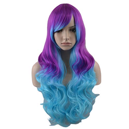 BERON 27.5" Long Curly Wavy Rainbow Wig for Halloween Cosplay Costume Anime (Rose Mixed Blue)