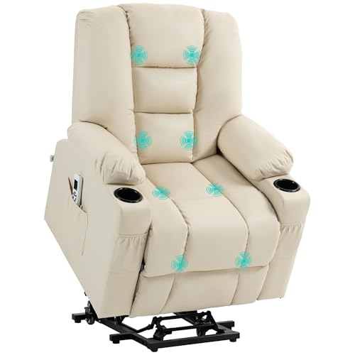 HOMCOM Fernsehsessel mit Aufstehhilfe Elektrisch Relaxsessel mit Massagefunktion, USB, Liegefunktion, Massagesessel mit Fernbedienung, Becherhalter, Seitentasche, Fußteil, Rollen, Cremeweiß
