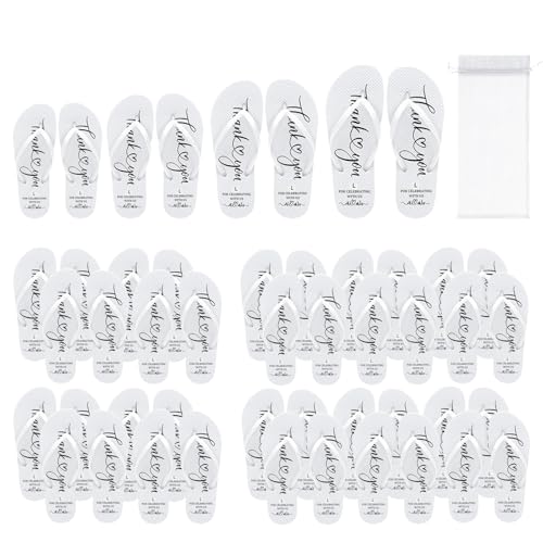 24 Pairs Bulk White Flip Flops for Wedding Sandals Guest Bridesmaid Assorted Size Sandals Bride Flip Flops with Organza Bags Hotel Guest Spa Slippers