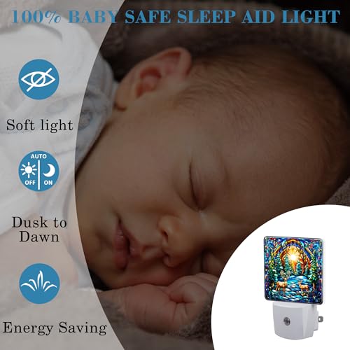 Image of Plug in Night Lights Christmas Stained Glass Deer Nightlight Plug Into Wall Dusk to Dawn Sensor LED Night Light for Kid Girls Boys Women Room Decor,Hallway,Kitchen,Bathroom,Nursery,Stairs