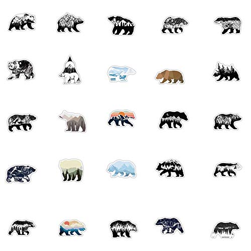 Grizzly Bear Stickers with Mountaintop Landscapes| 50 Pcs Bear Waterproof Vinyl Stickers for Water Bottles Bicycle Laptop Refrigerator Luggage Computer Mobile Phone Skateboard Bike Decals