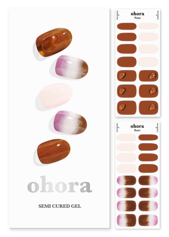 ohora Semi Cured Gel Nail Strips (N Bergamot) - Brown, Ombre, Works with Any UV/LED Lamps, Salon-Quality, Long Lasting, Easy to Apply & Remove - Includes 2 Prep Pads, Nail File & Wooden Stick