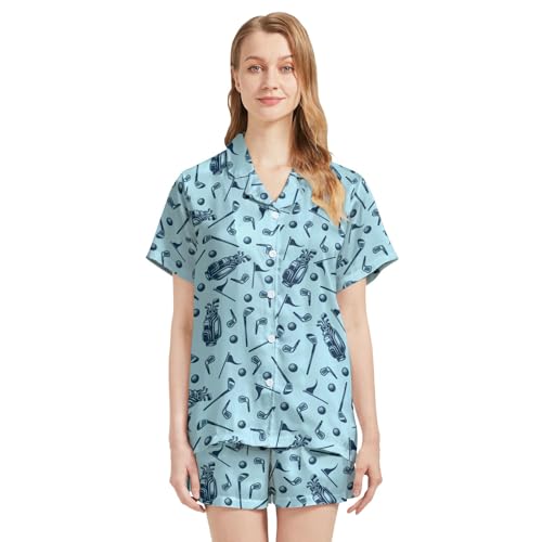 Image of Funny Pajamas for Women Set Print Satin Loungewear Pjs Short Sleeve Button Down Top and Shorts Sets Sleepwear XS-3XL