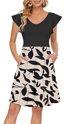 PLOKNRD Sommerkleid Damen V-Ausschnitt Midi Kleider mit Taschen Knielang...