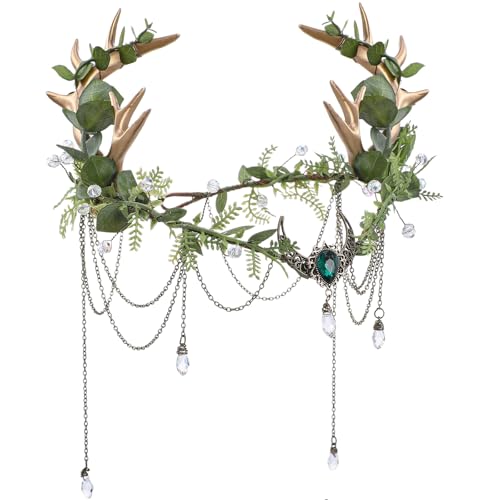 MOSTORY Woodland Fairy Antler Crown - Green Flower Deer Antlers Crown with Tassel for Renaissance Renfaire Forest Reindeer Elf Circlet for Women Fantasy Cosplay Fairycore Aesthetic