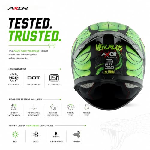Image of Axor Apex Venomous ISI ECE DOT Certified Full Face Dual Visor Helmet for Men and Women with Pinlock Fitted Outer Clear Visor and Inner Smoke Sun Visor Dull Black Neon Green(M)