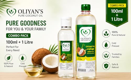 Image of OLIYANS Cold Pressed Coconut Oil Combo Pack (100ml + 1L) | Natural Oil for Hair, Skin & Cooking | Total 1.1L
